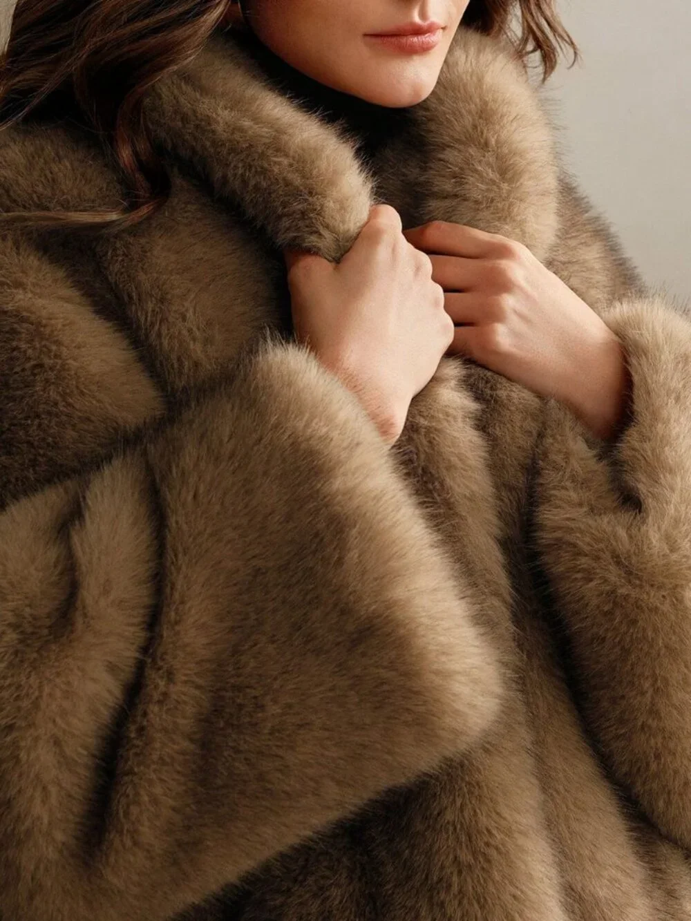 Brown Casual Women's Faux Fox-Fur Collar Long Coat